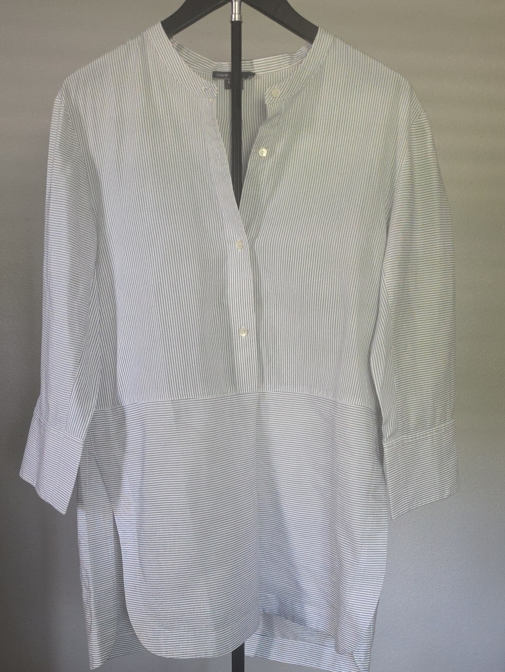 Vince White Shirt with Thin Navy Stripes - Long Sleeve Band Collar